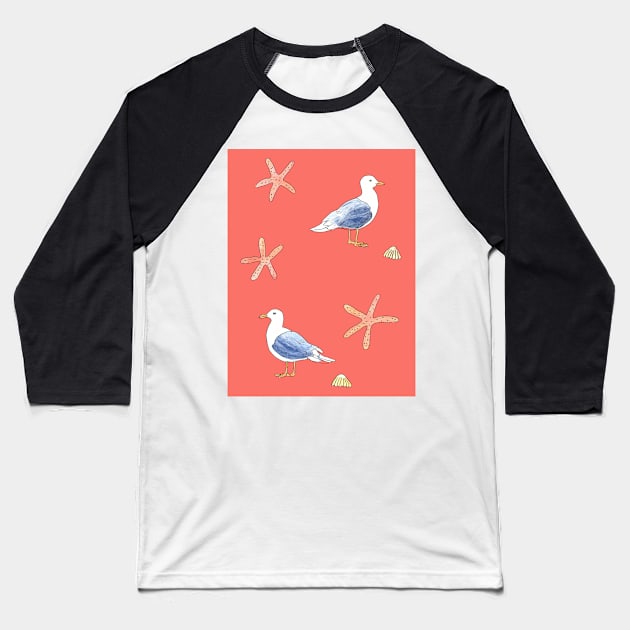 Seagull illustration with coral pink background Baseball T-Shirt by Sandraartist